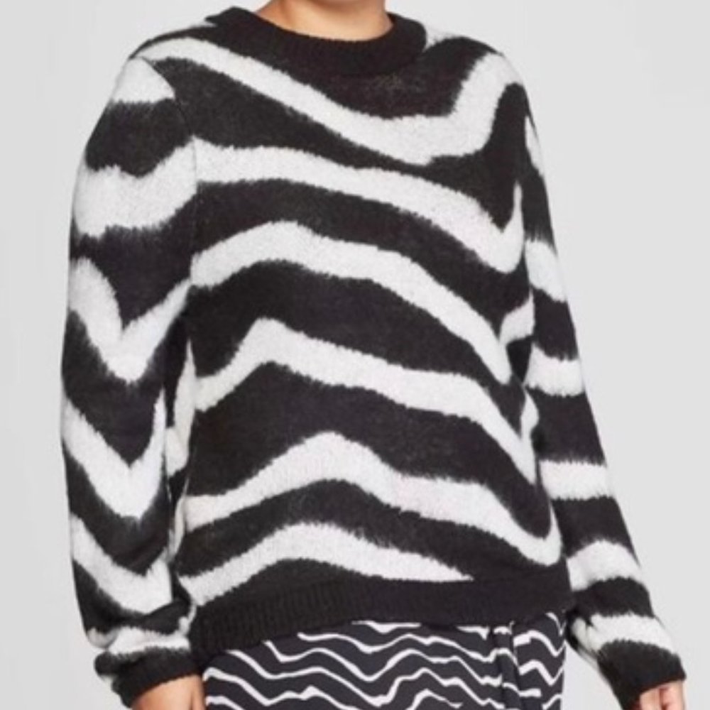 Who What Wear Women's Fuzzy Zebra Stripe Sweater, Black/White, Size Small
